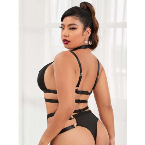 1XL  Black Plus Ring Linked Harness Lingerie Set - Picture 1 of 5